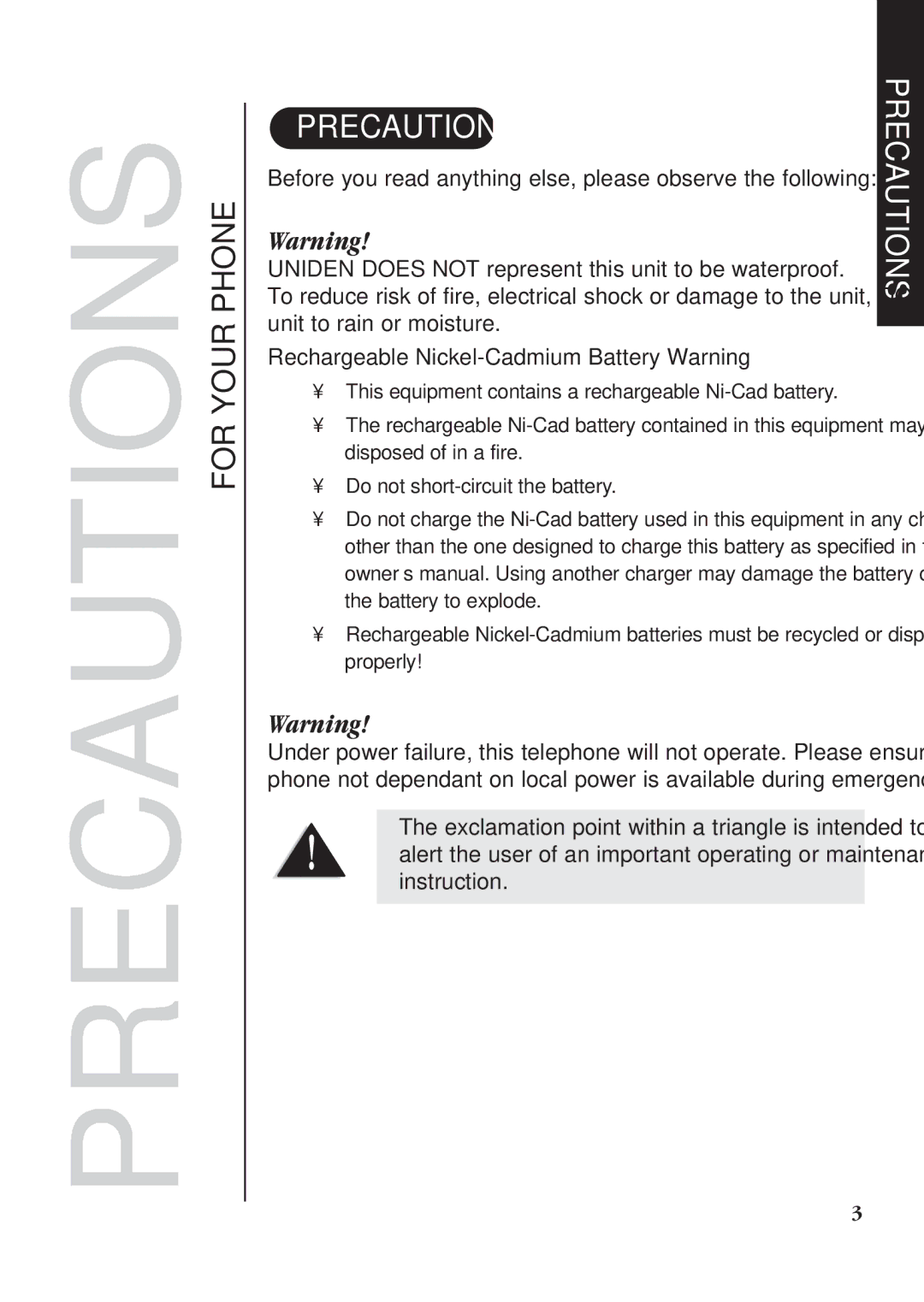 Uniden XSA650, XSA660 manual Precautions, Rechargeable Nickel-Cadmium Battery Warning 