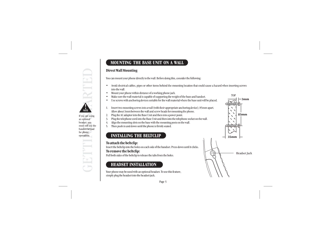 Uniden XSA965 quick start Mounting the Base Unit on a Wall, Installing the Beltclip, Headset Installation 