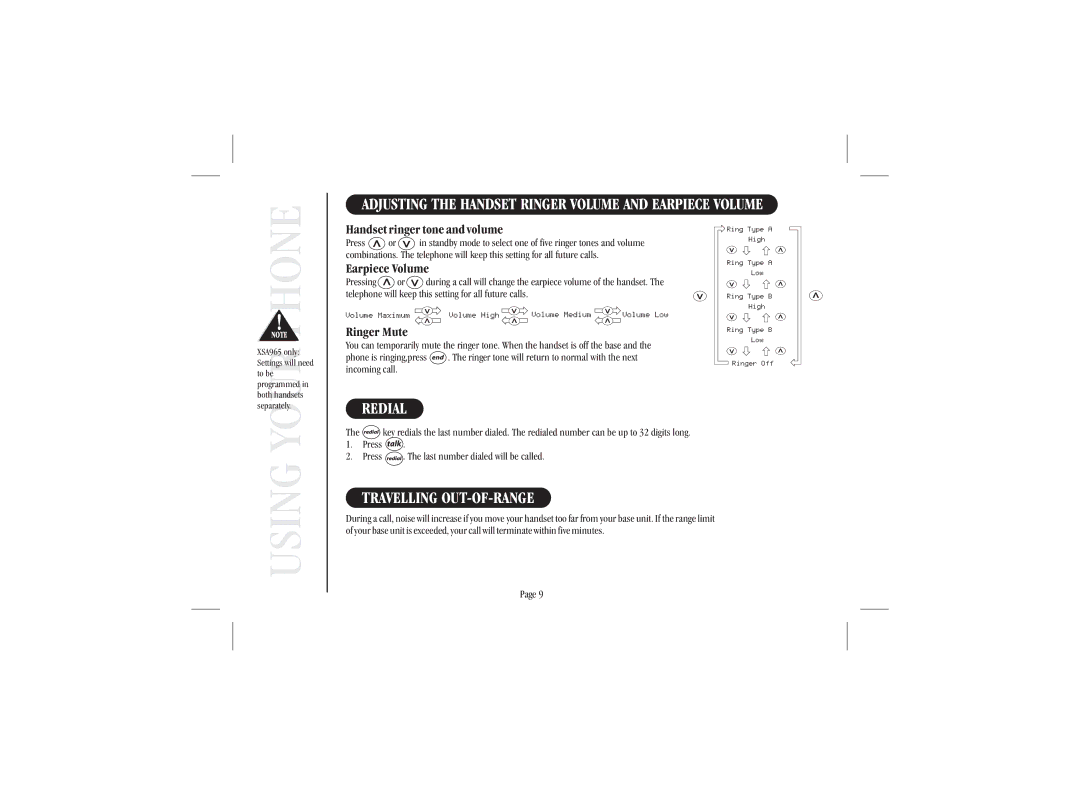 Uniden XSA965 quick start Adjusting the Handset Ringer Volume and Earpiece Volume, Redial, Travelling OUT-OF-RANGE 