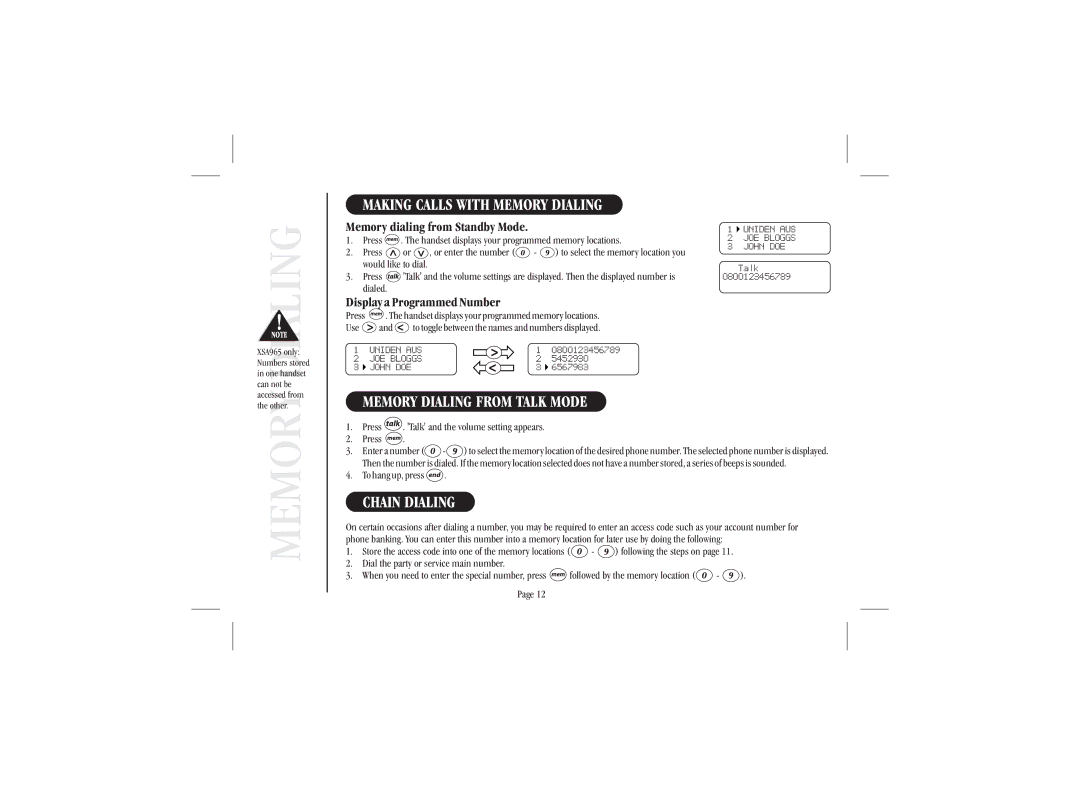 Uniden XSA965 quick start Making Calls with Memory Dialing, Memory Dialing from Talk Mode, Chain Dialing 