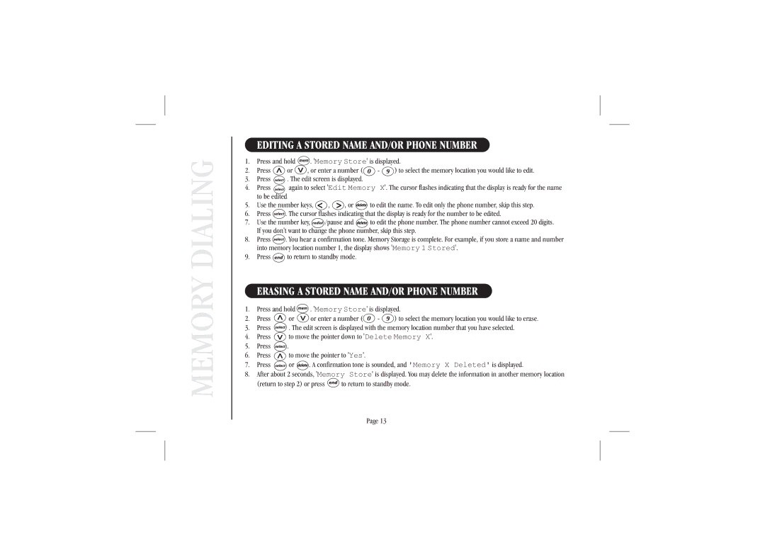 Uniden XSA965 Memory Dialing, Editing a Stored Name AND/OR Phone Number, Erasing a Stored Name AND/OR Phone Number 