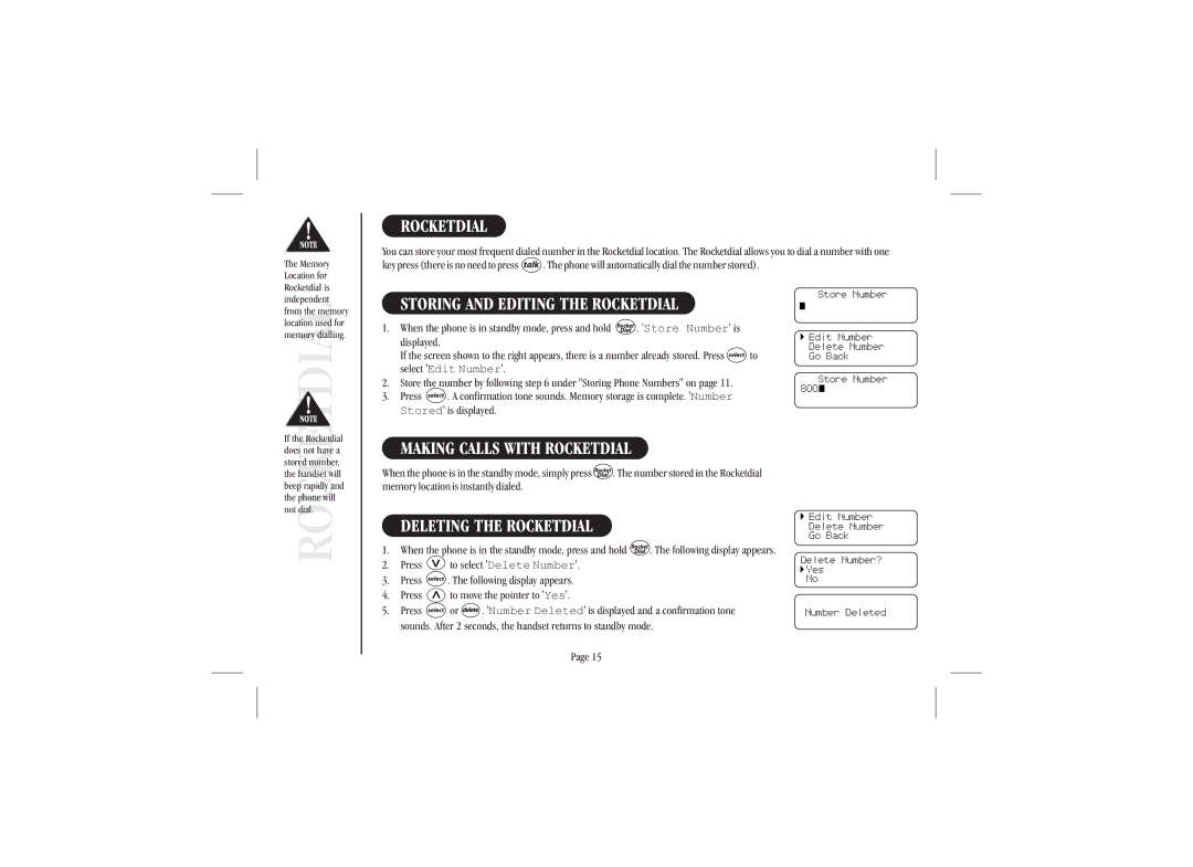 Uniden XSA965 quick start Storing and Editing the Rocketdial, Making Calls with Rocketdial, Deleting the Rocketdial 