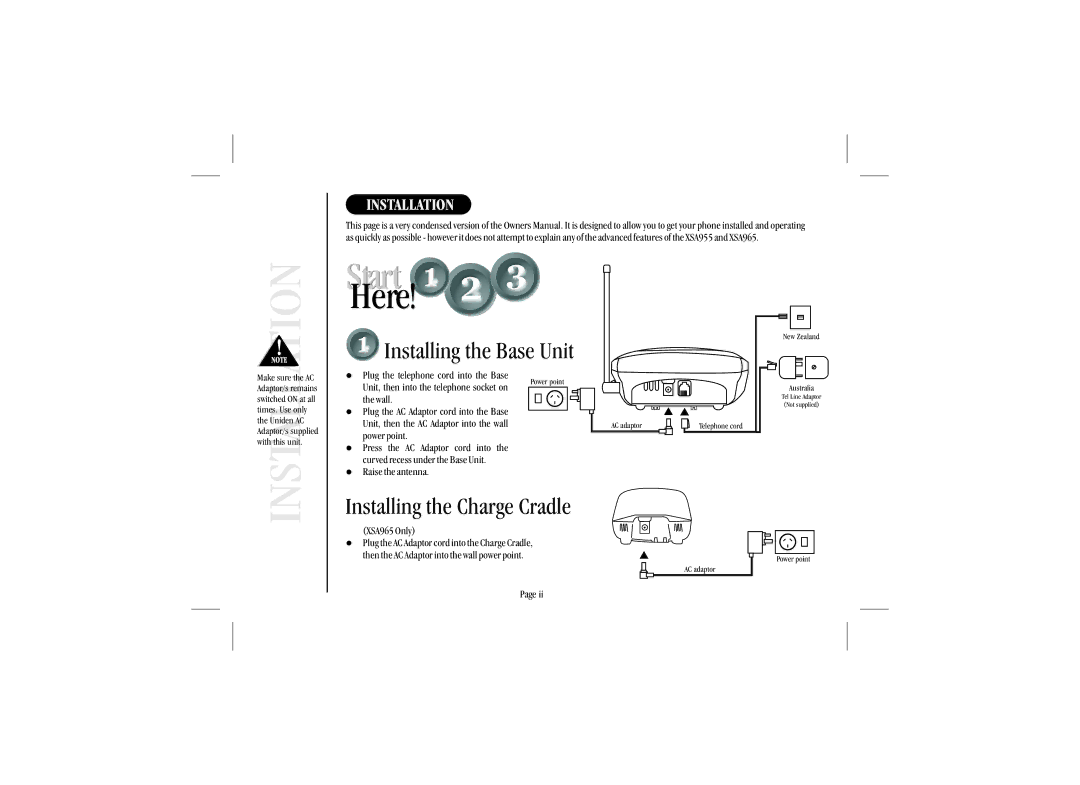 Uniden XSA965 quick start Installation, Plug the telephone cord into the Base, Wall 