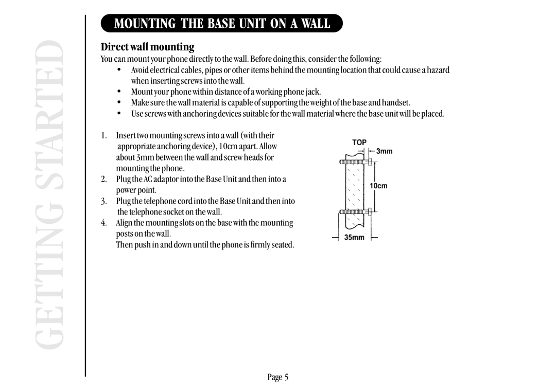 Uniden XSR917/918 quick start Mounting the Base Unit on a Wall, Direct wall mounting 