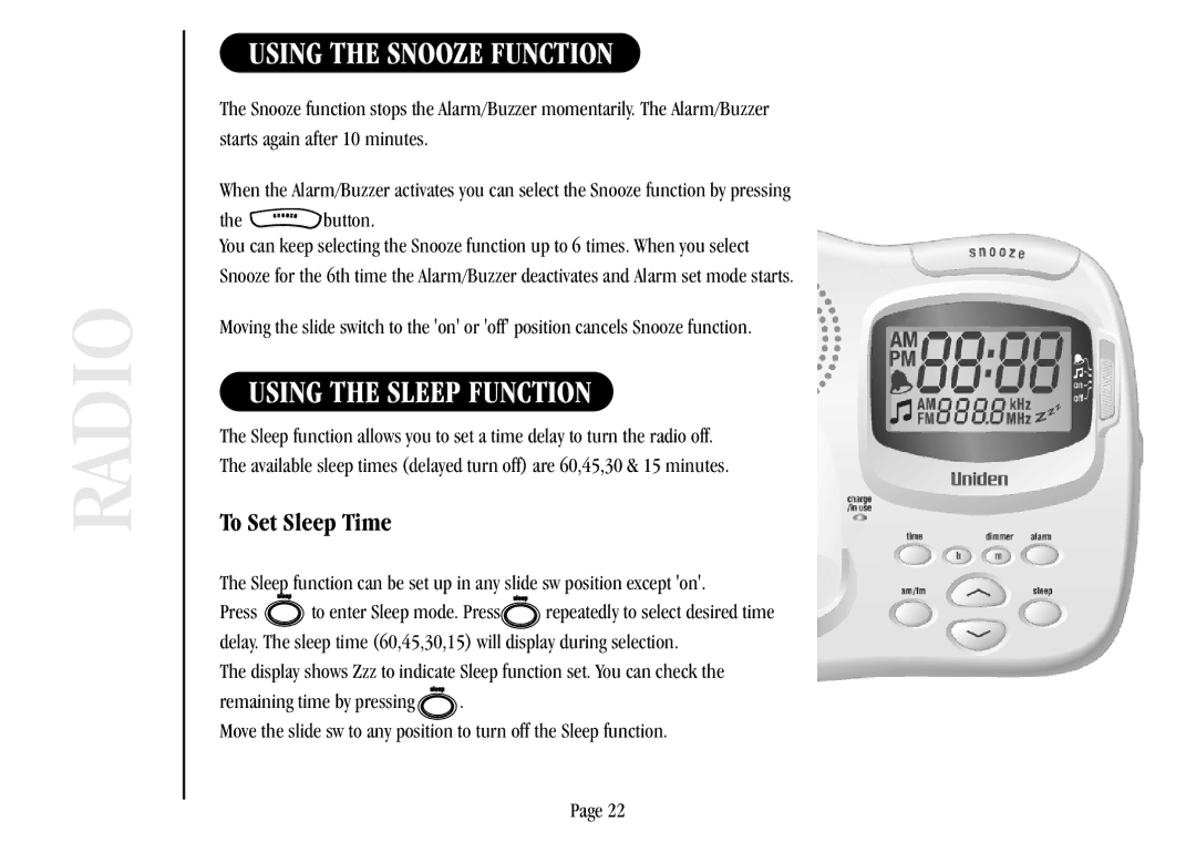 Uniden XSR917/918 quick start Using the Snooze Function, Using the Sleep Function, To Set Sleep Time 