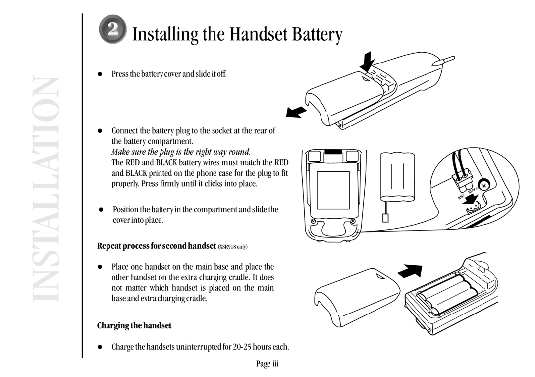 Uniden XSR917/918 quick start Installing the Handset Battery 