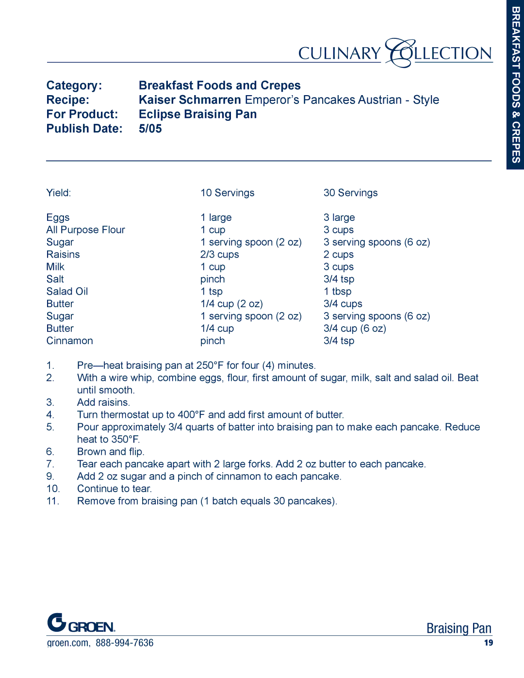 Unified Brands Braising Pan manual Category Breakfast Foods and Crepes Recipe 