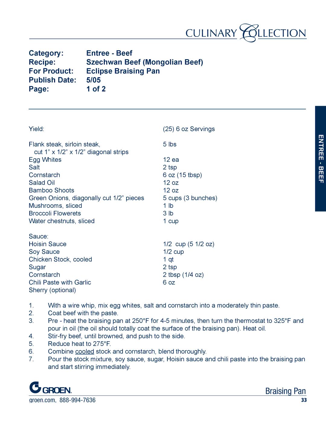 Unified Brands Braising Pan manual Szechwan Beef Mongolian Beef 