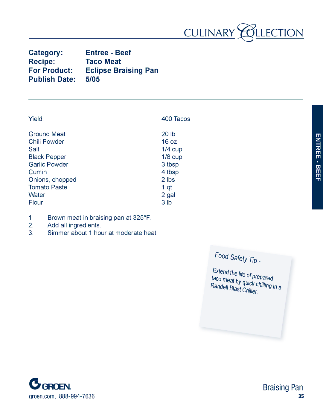 Unified Brands Braising Pan manual Food Safety Tip 