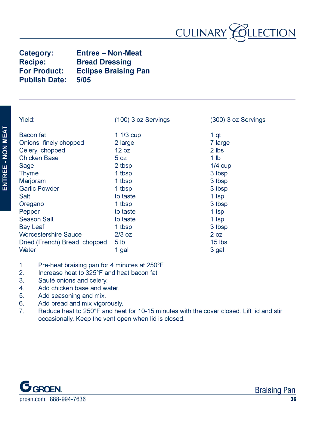 Unified Brands Braising Pan manual Category Entree Non-Meat Recipe Bread Dressing For Product 