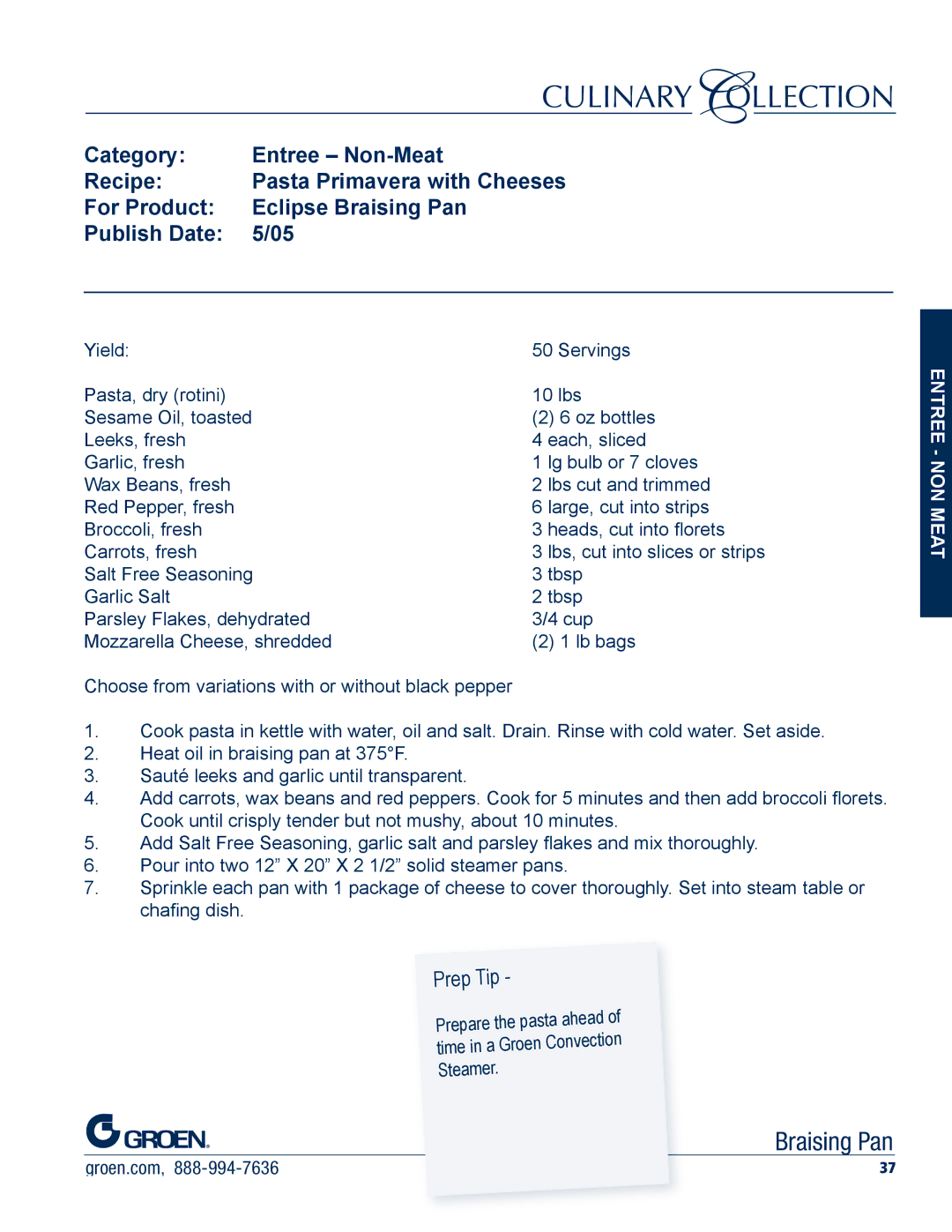 Unified Brands Braising Pan manual Category Entree Non-Meat Recipe 