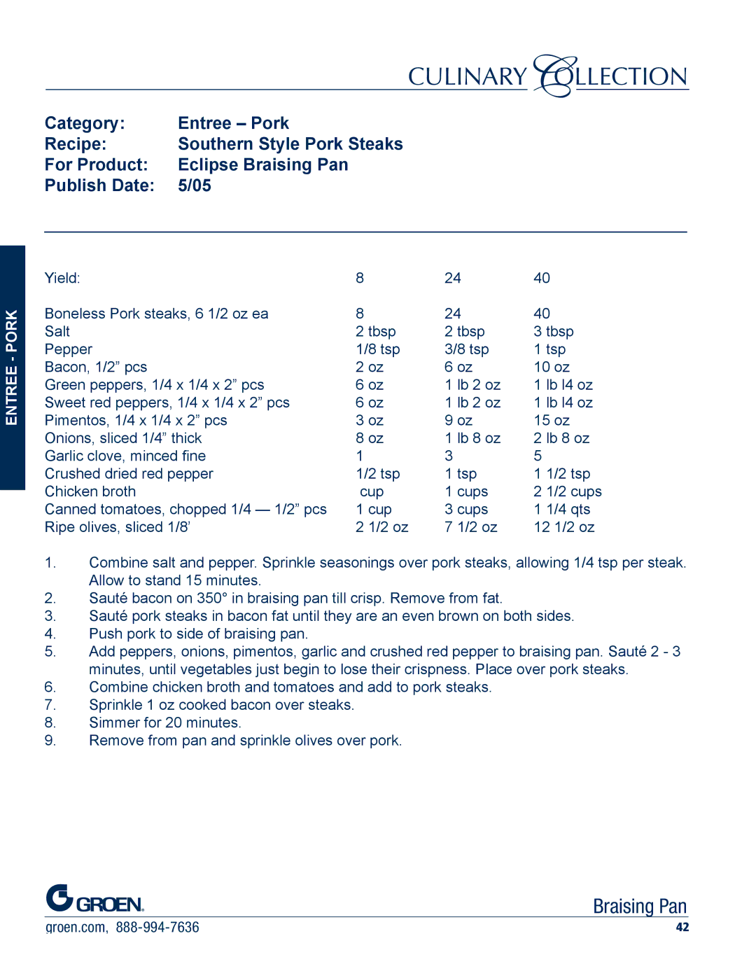 Unified Brands Braising Pan manual Category Entree Pork Recipe 