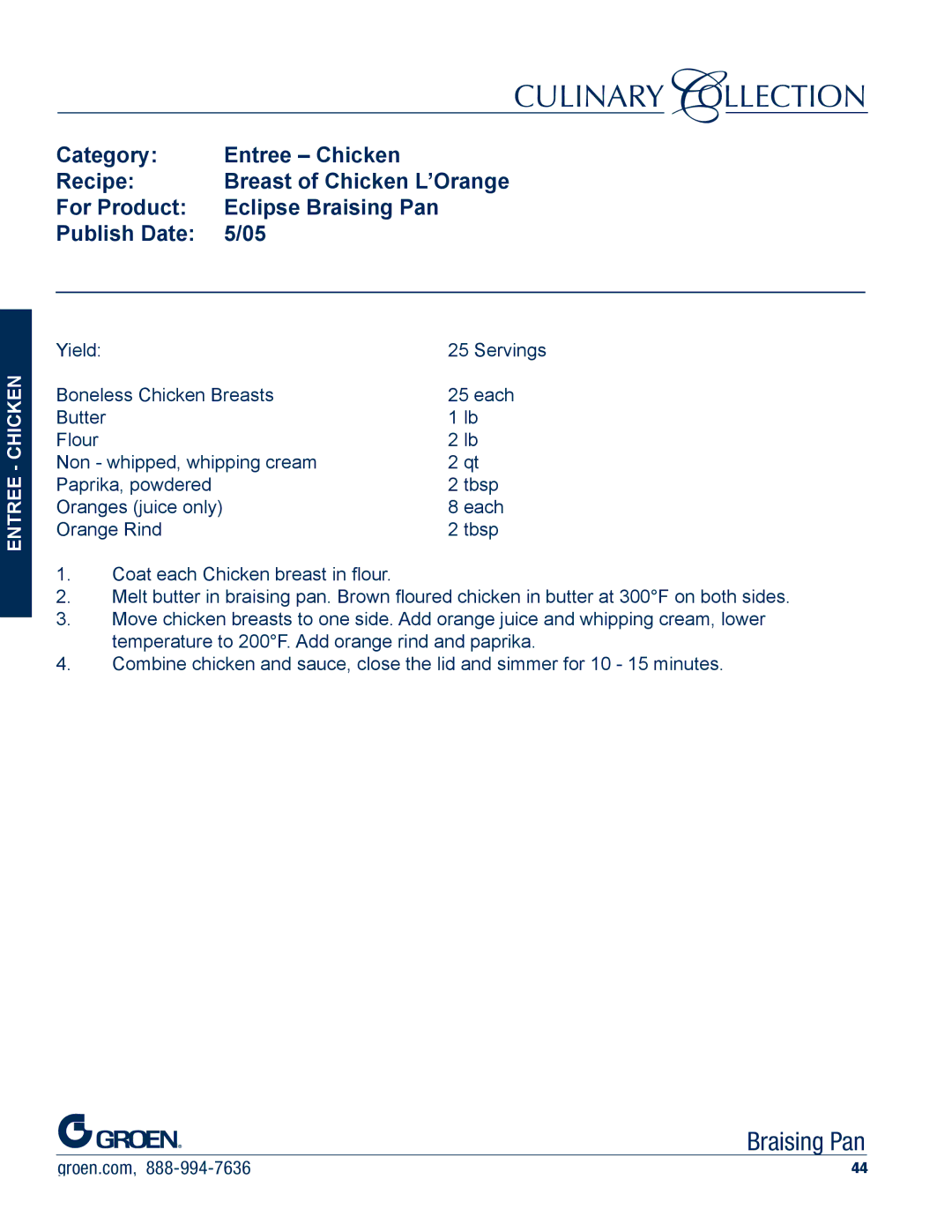 Unified Brands Braising Pan manual Category Entree Chicken Recipe 