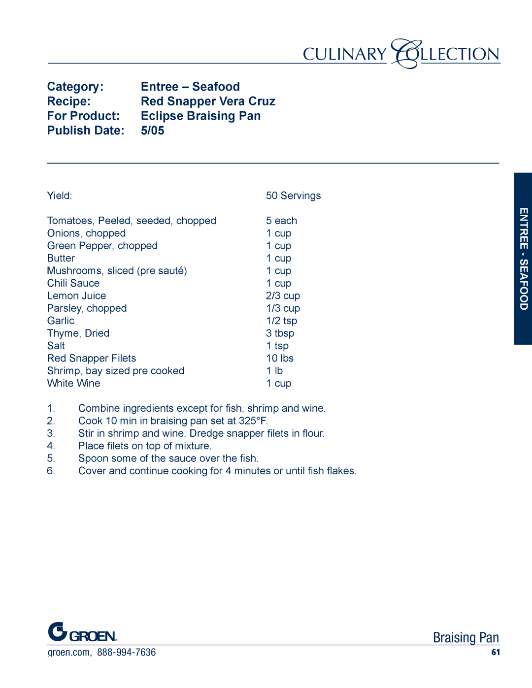 Unified Brands Braising Pan manual Category Entree Seafood Recipe 