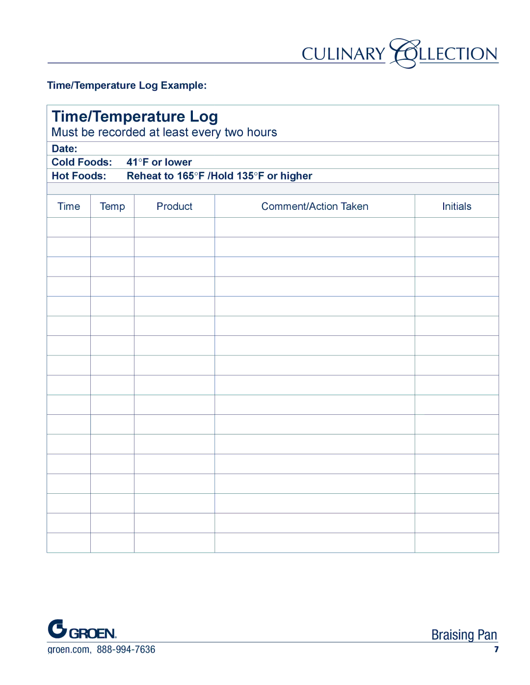 Unified Brands Braising Pan manual Time/Temperature Log 