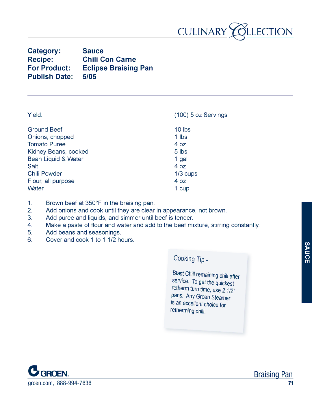 Unified Brands Braising Pan manual Category Sauce Recipe Chili Con Carne For Product 