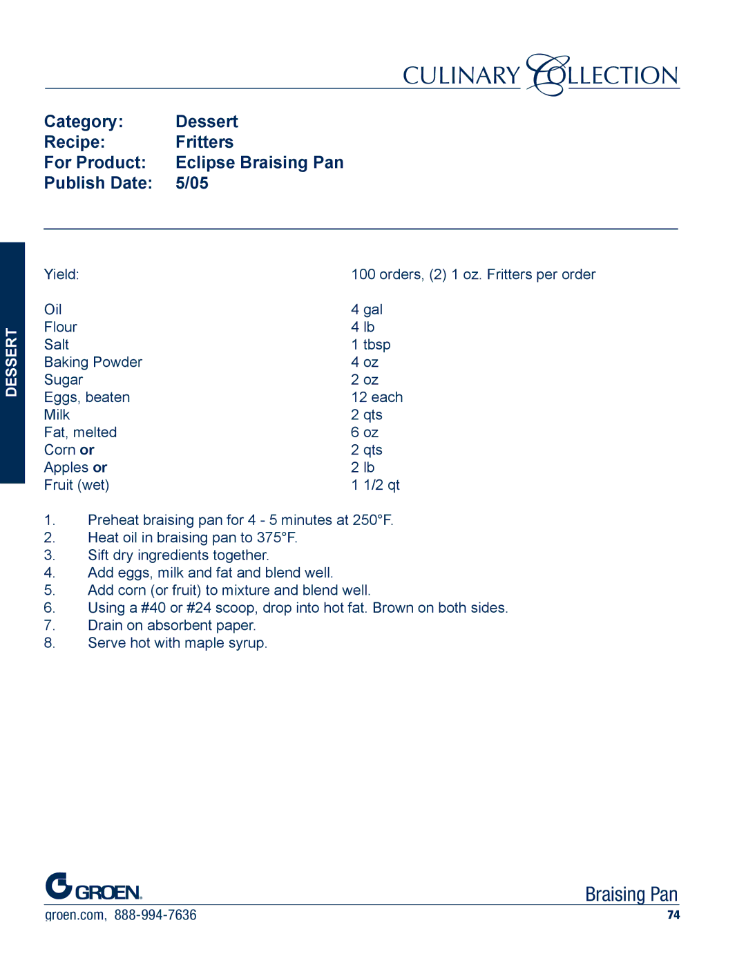 Unified Brands Braising Pan manual Category Dessert Recipe Fritters For Product 