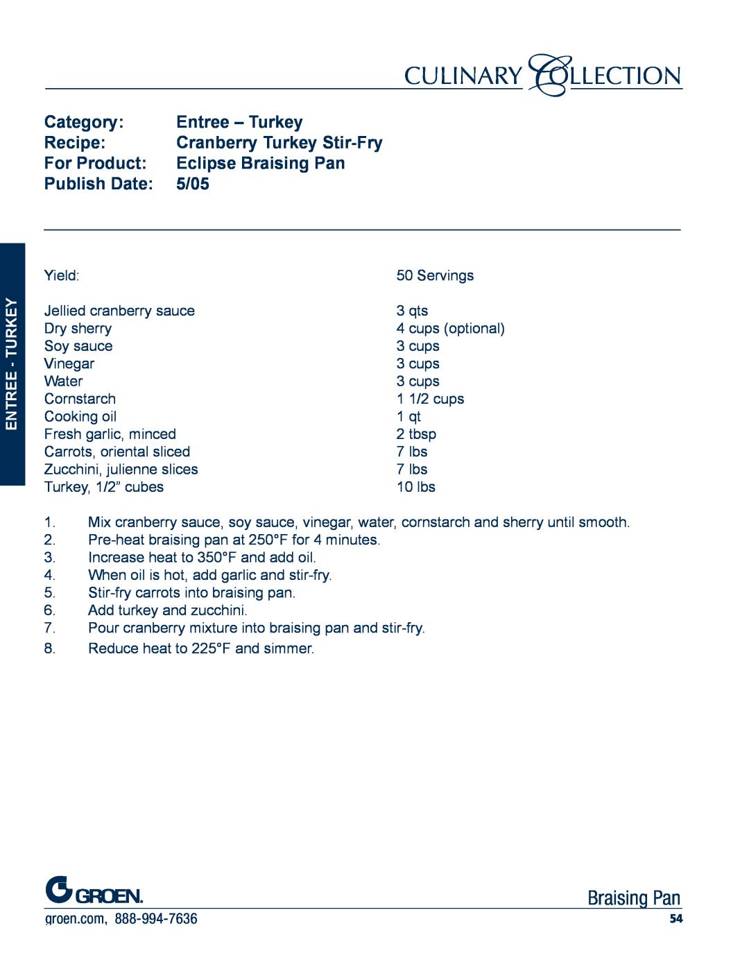 Unified Brands Braising Pan Entree - Turkey, Cranberry Turkey Stir-Fry, Category, Recipe, For Product, Publish Date, 5/05 