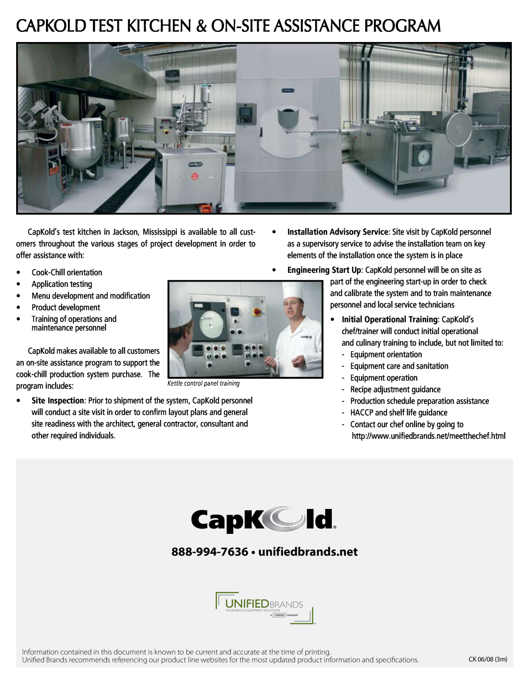 Unified Brands Cook-Chill Production Systems manual Initial Operational Training CapKold’s, unifiedbrands.net 