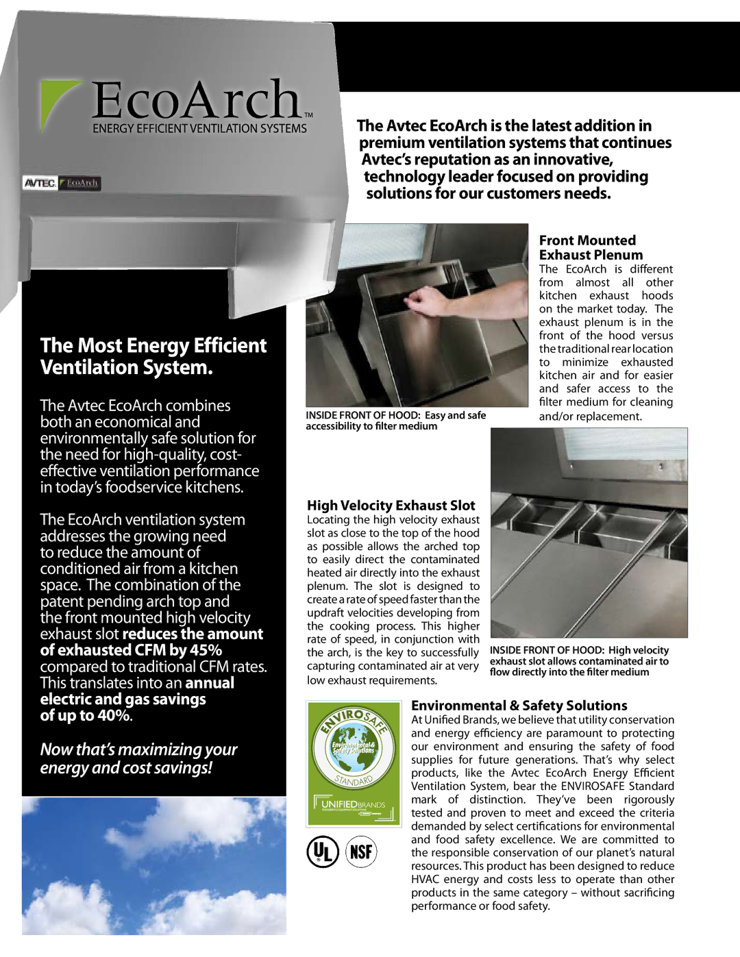 Unified Brands EcoArch manual Most Energy Efficient Ventilation System, Environmental & Safety Solutions 