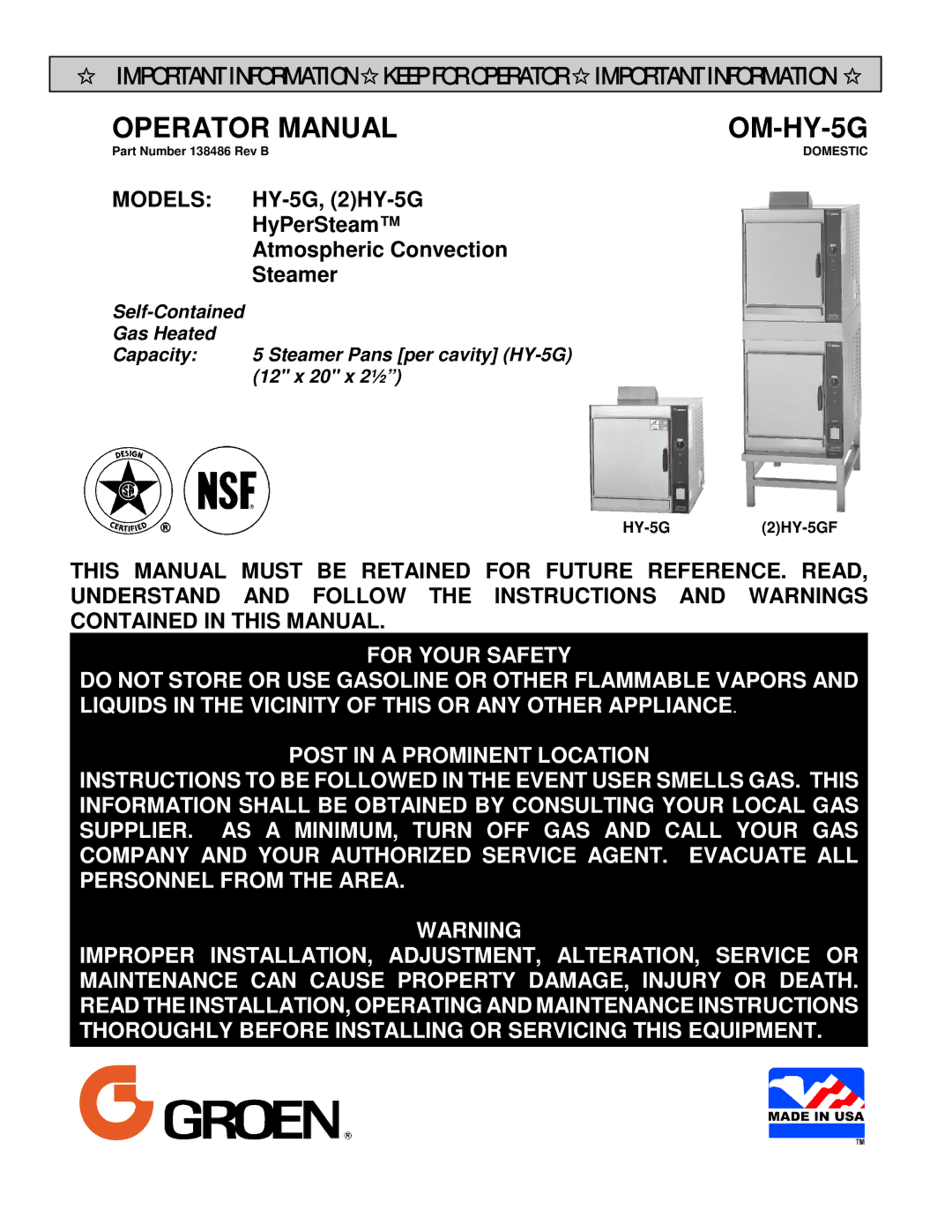 Unified Brands (2)HY-5G manual HyPerSteam Atmospheric Convection Steamer, HY-5G2HY-5GF 