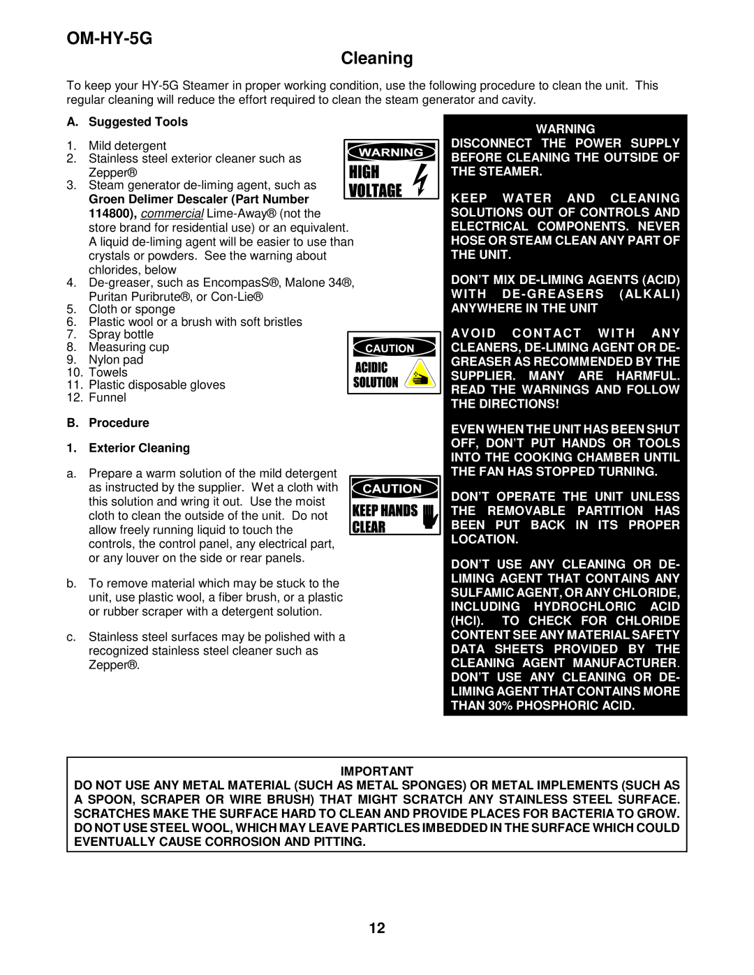 Unified Brands (2)HY-5G manual Suggested Tools, Procedure Exterior Cleaning 