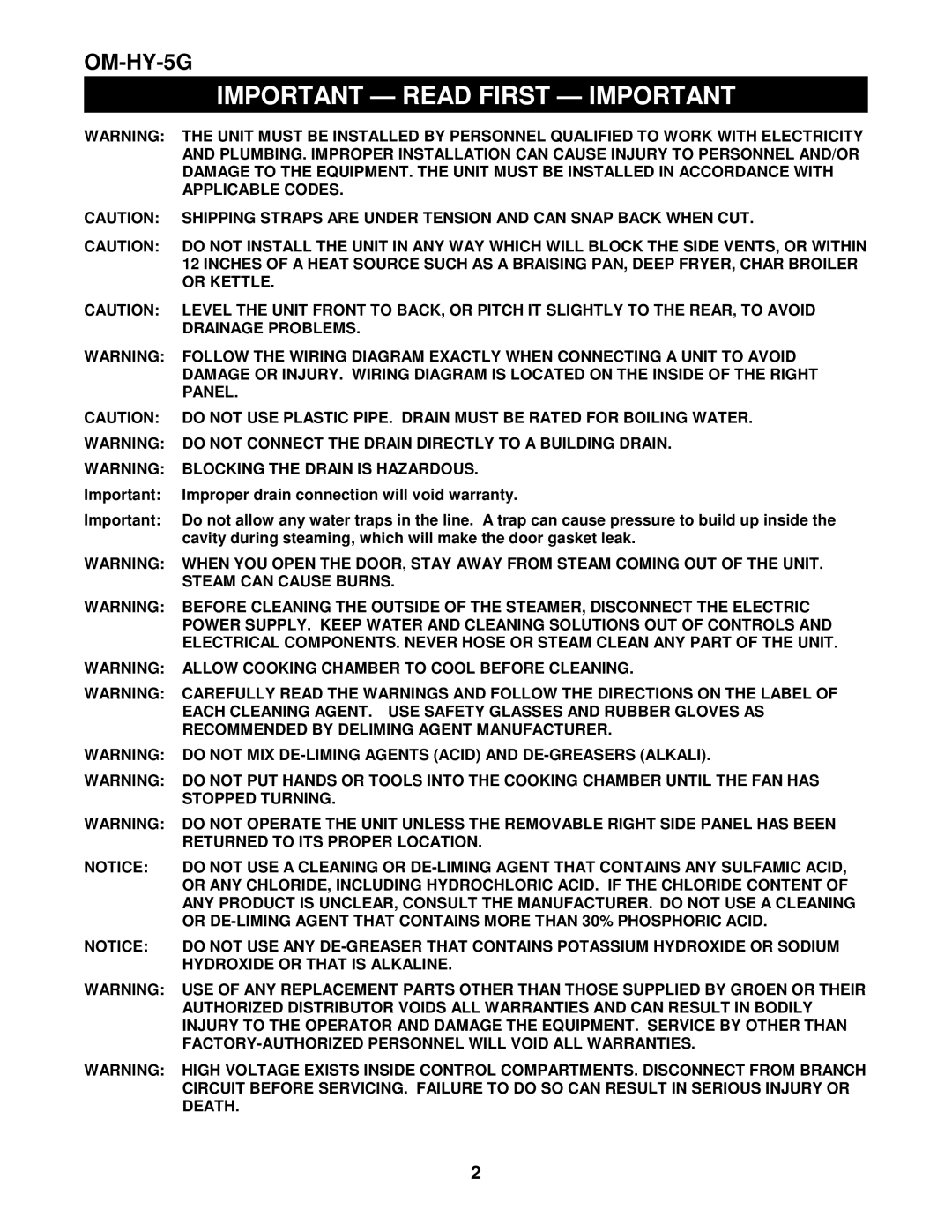 Unified Brands (2)HY-5G manual Improper drain connection will void warranty 