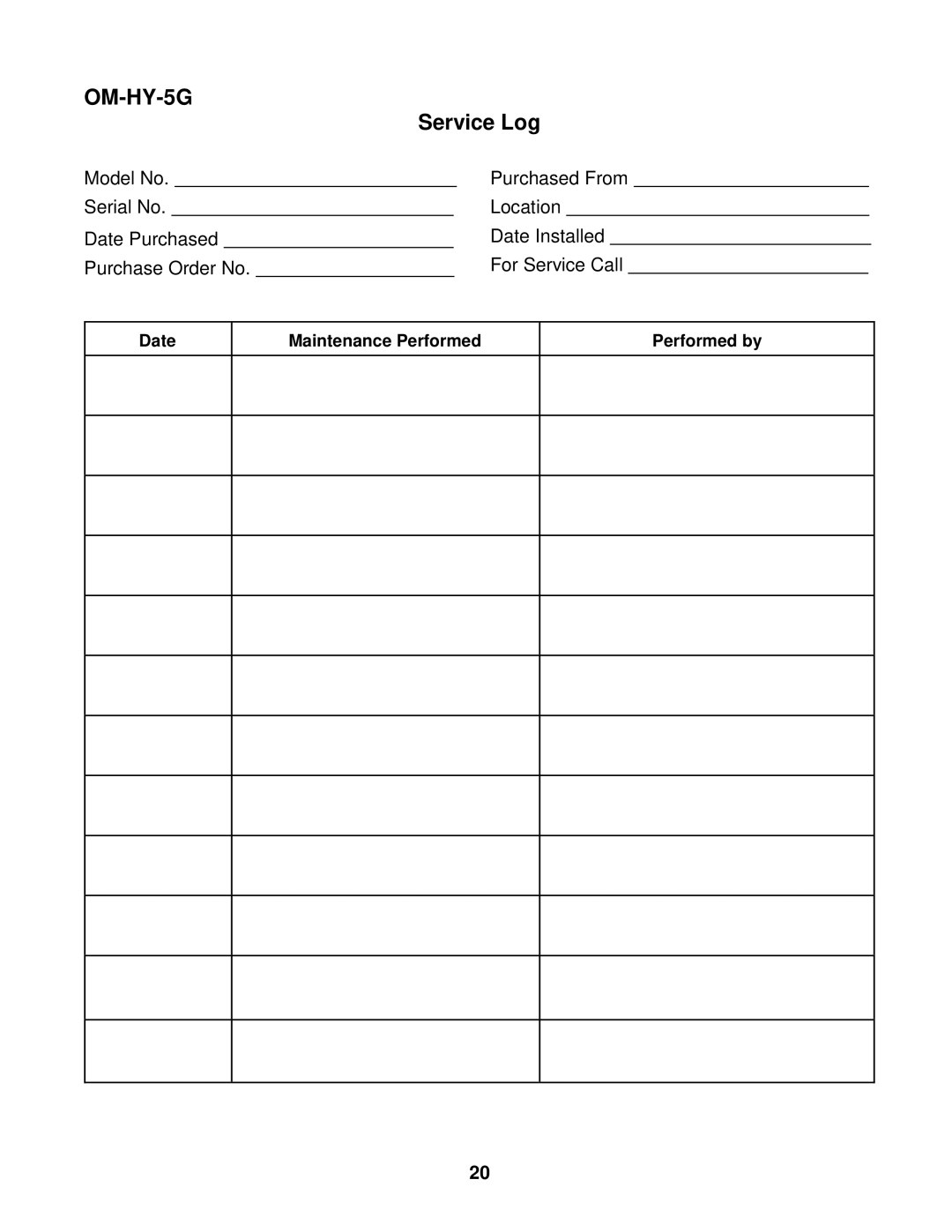 Unified Brands (2)HY-5G manual Service Log 