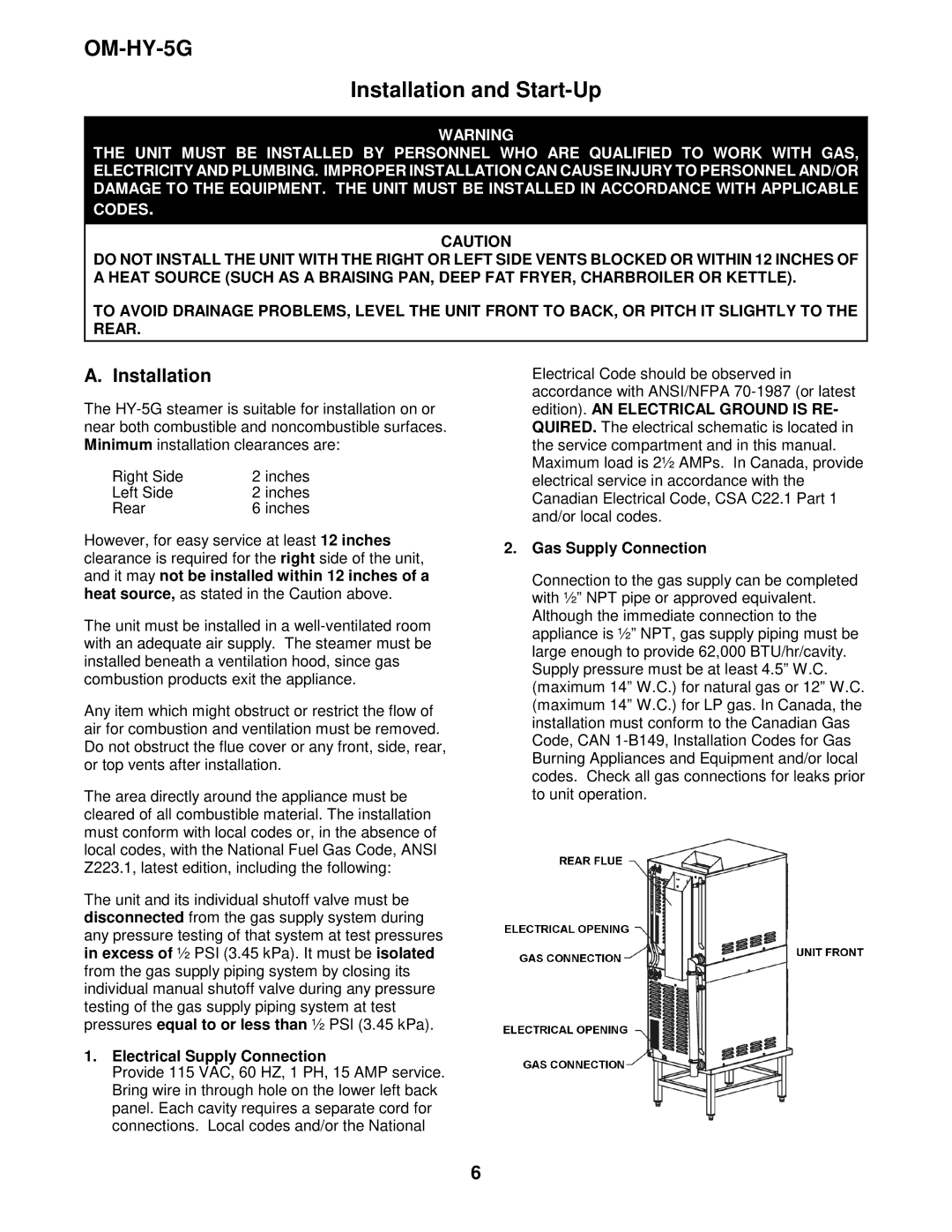 Unified Brands (2)HY-5G manual Installation and Start-Up, Electrical Supply Connection, Gas Supply Connection 