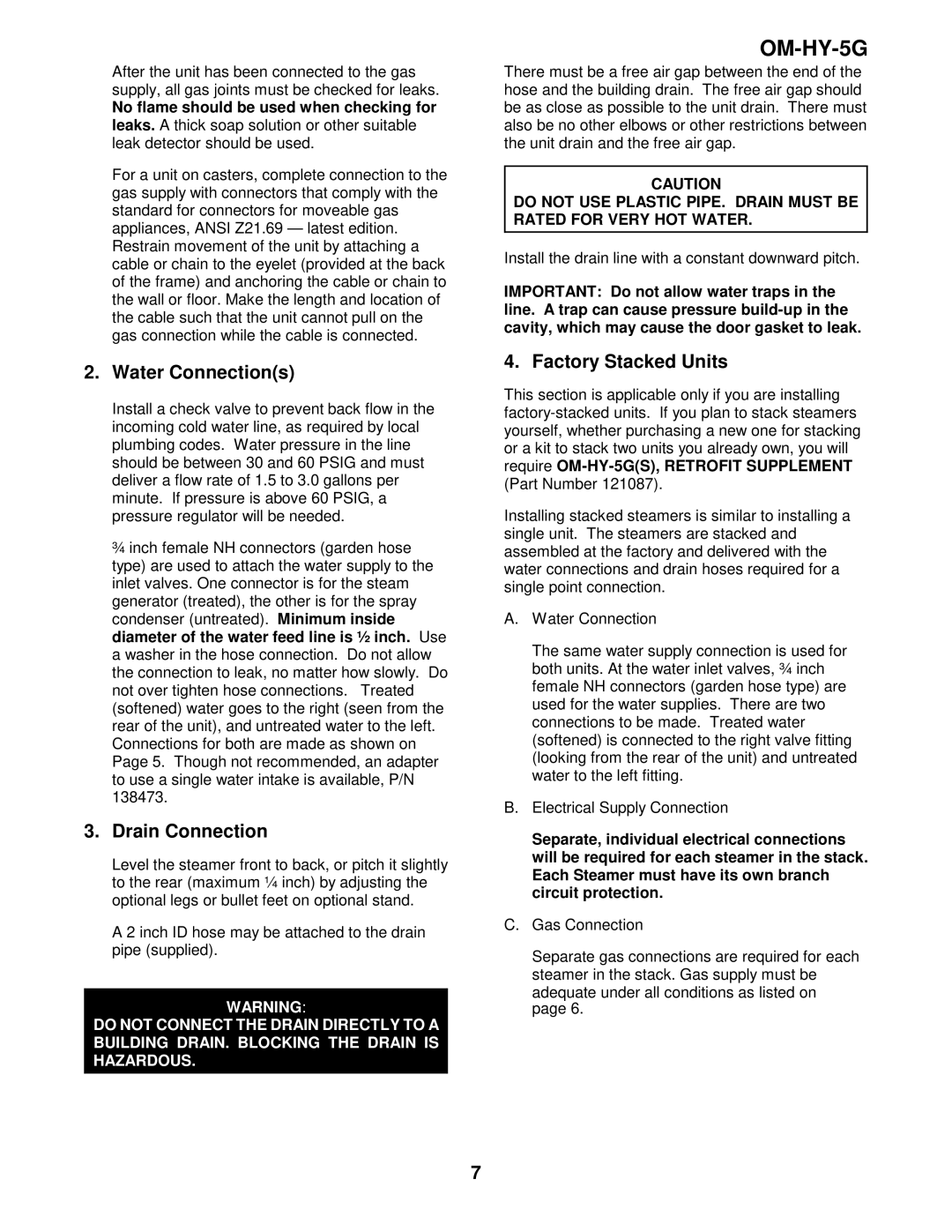 Unified Brands (2)HY-5G manual Water Connections, Drain Connection, Factory Stacked Units 