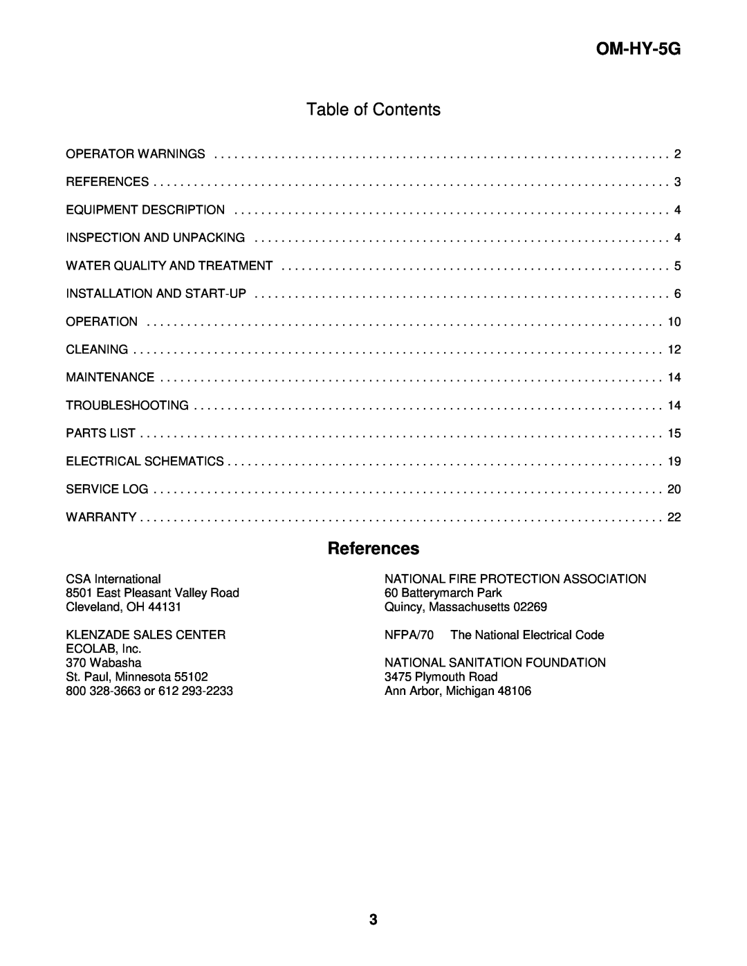 Unified Brands (2)HY-5G manual Table of Contents, References, OM-HY-5G 