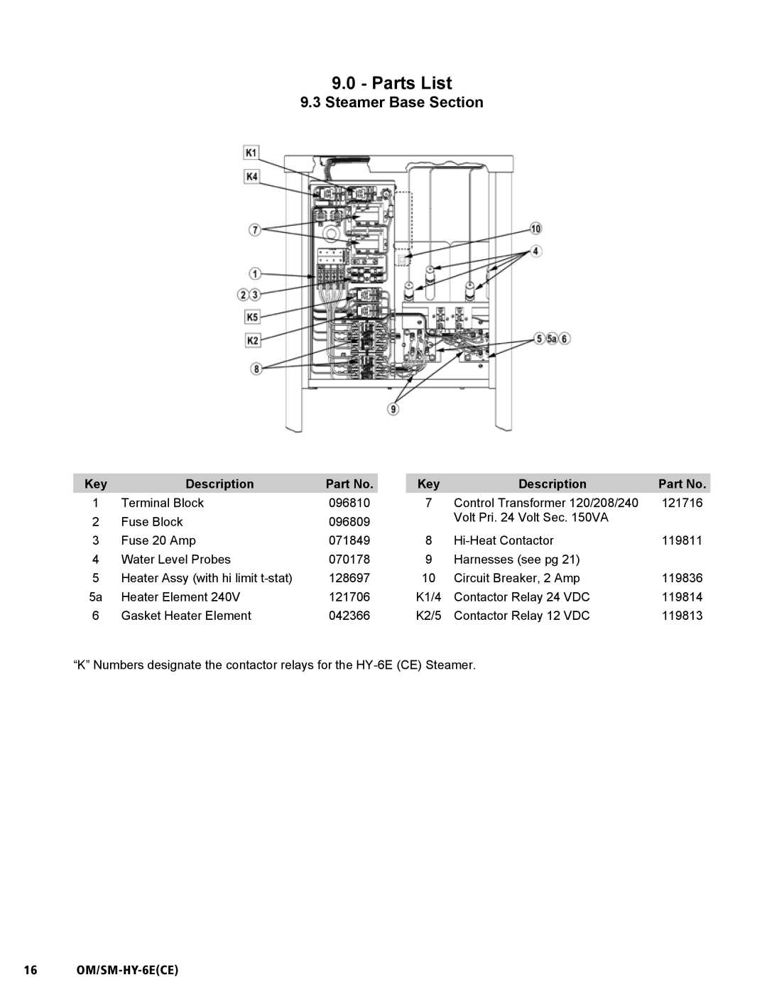 Unified Brands HY-6E(CE) service manual Steamer Base Section, 16 OM/SM-HY-6ECE 