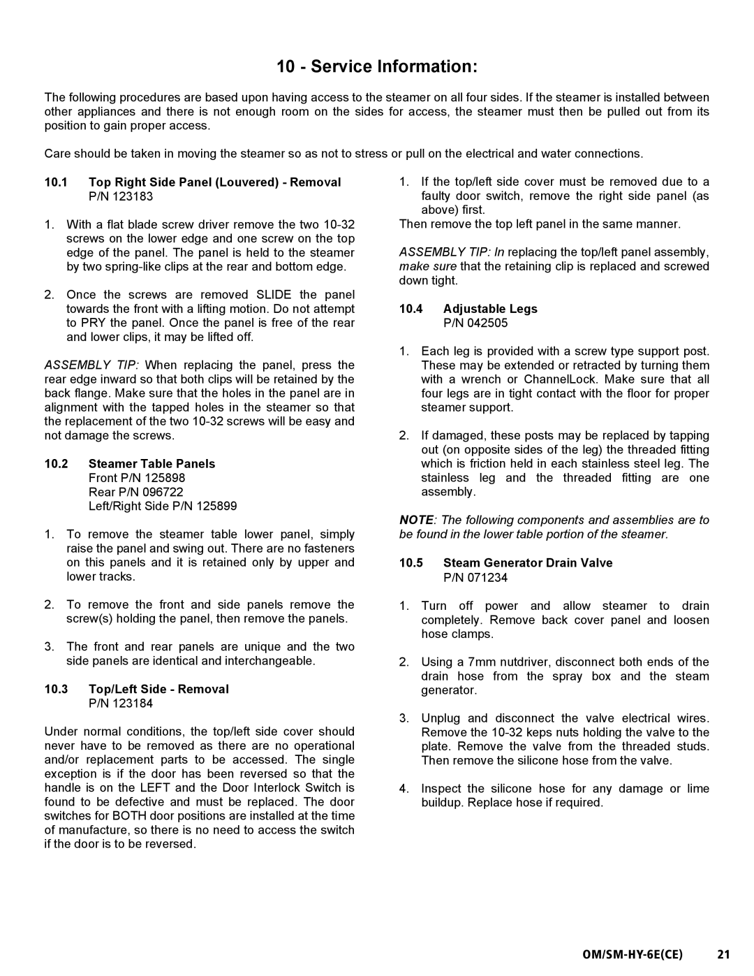 Unified Brands HY-6E(CE) Service Information, Top Right Side Panel Louvered Removal P/N, 10.3 Top/Left Side Removal P/N 