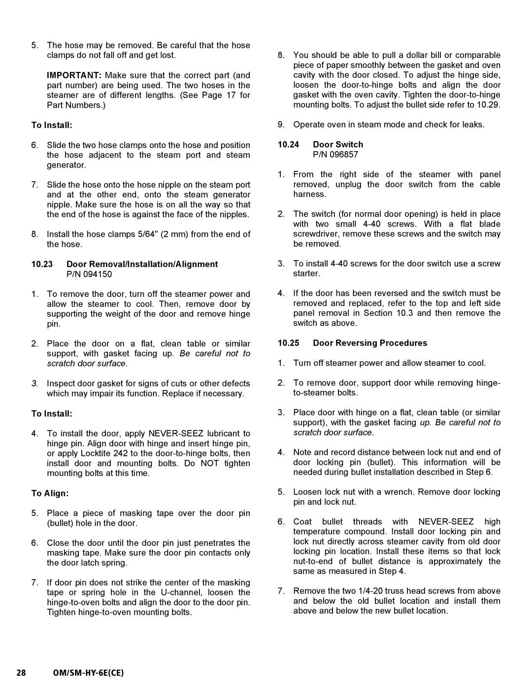 Unified Brands HY-6E(CE) Door Removal/Installation/Alignment P/N, To Align, Door Switch P/N, Door Reversing Procedures 