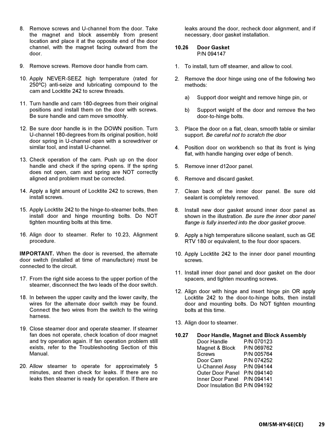 Unified Brands HY-6E(CE) service manual Door Gasket P/N, Door Handle, Magnet and Block Assembly 