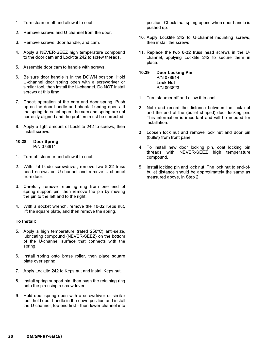 Unified Brands HY-6E(CE) service manual Door Spring P/N, Door Locking Pin P/N Lock Nut P/N, 30 OM/SM-HY-6ECE 