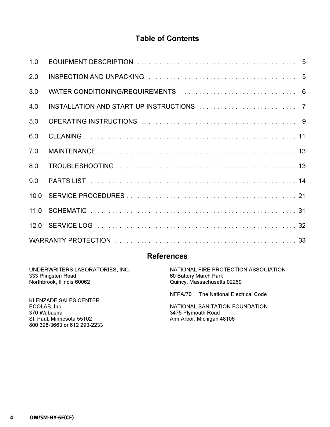 Unified Brands HY-6E(CE) service manual Table of Contents, References 