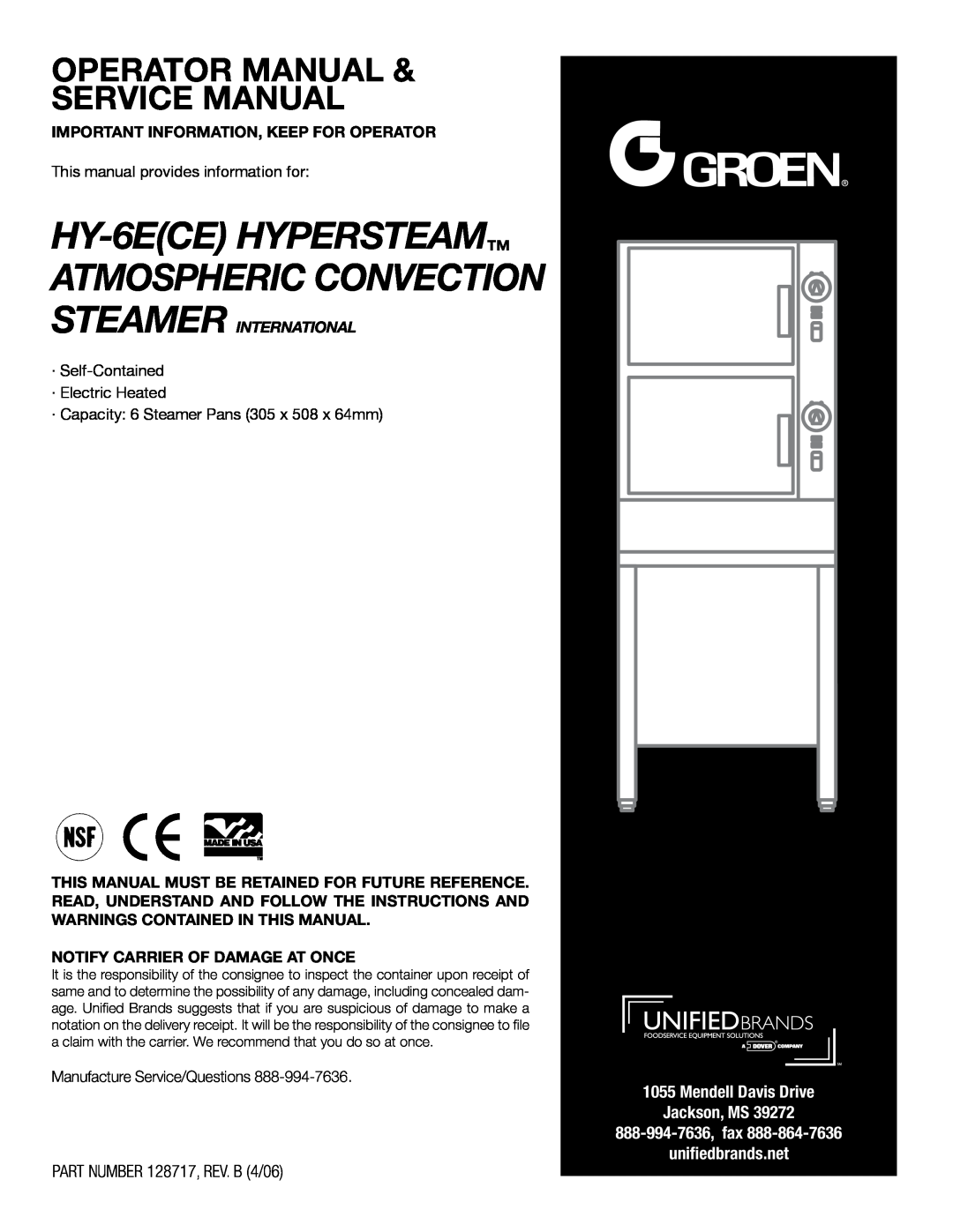 Unified Brands HY-6E(CE) service manual HY-6ECEHYPERSTEAM ATMOSPHERIC CONVECTION, Operator Manual & Service Manual 