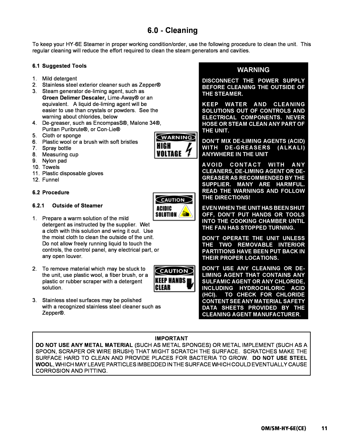 Unified Brands HY-6E(CE) service manual Cleaning, Suggested Tools, Procedure 6.2.1Outside of Steamer, OM/SM-HY-6ECE11 