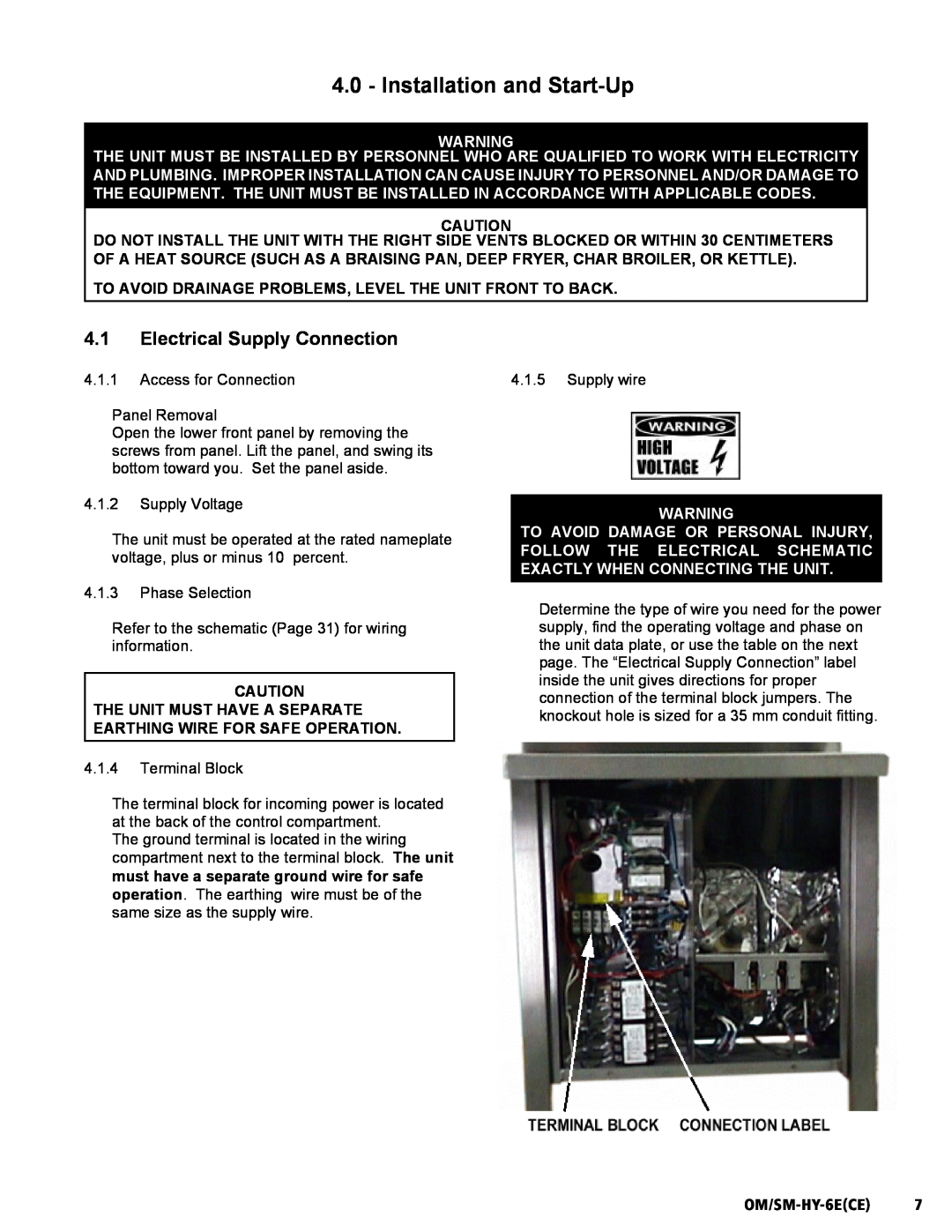 Unified Brands HY-6E(CE) service manual Installation and Start-Up, 4.1Electrical Supply Connection, OM/SM-HY-6ECE  