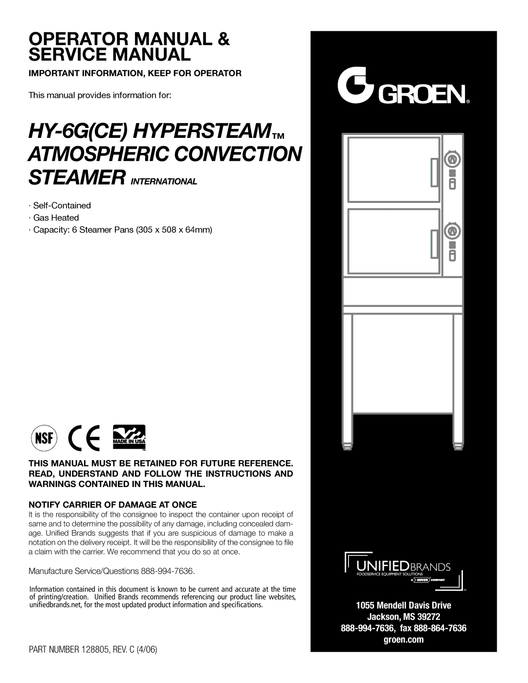 Unified Brands HY-6G(CE) service manual HY-6GCE Hypersteam Atmospheric Convection 