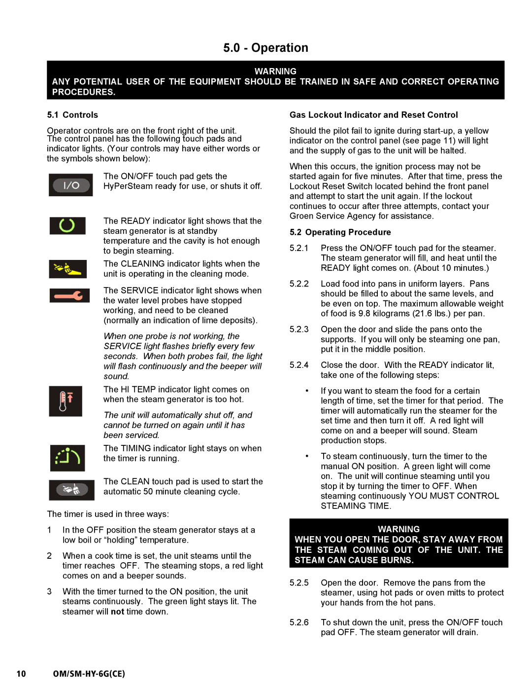 Unified Brands HY-6G(CE) service manual Operation, Controls, Gas Lockout Indicator and Reset Control, Operating Procedure 