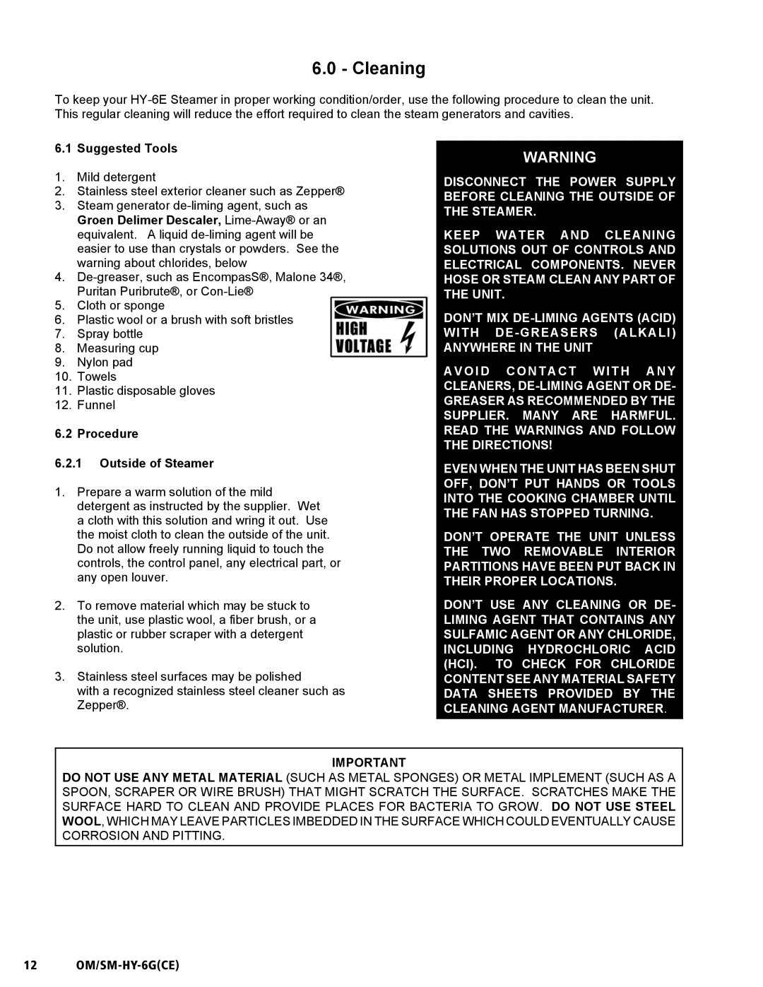 Unified Brands HY-6G(CE) service manual Cleaning, Suggested Tools, Procedure Outside of Steamer, 12 OM/SM-HY-6GCE 