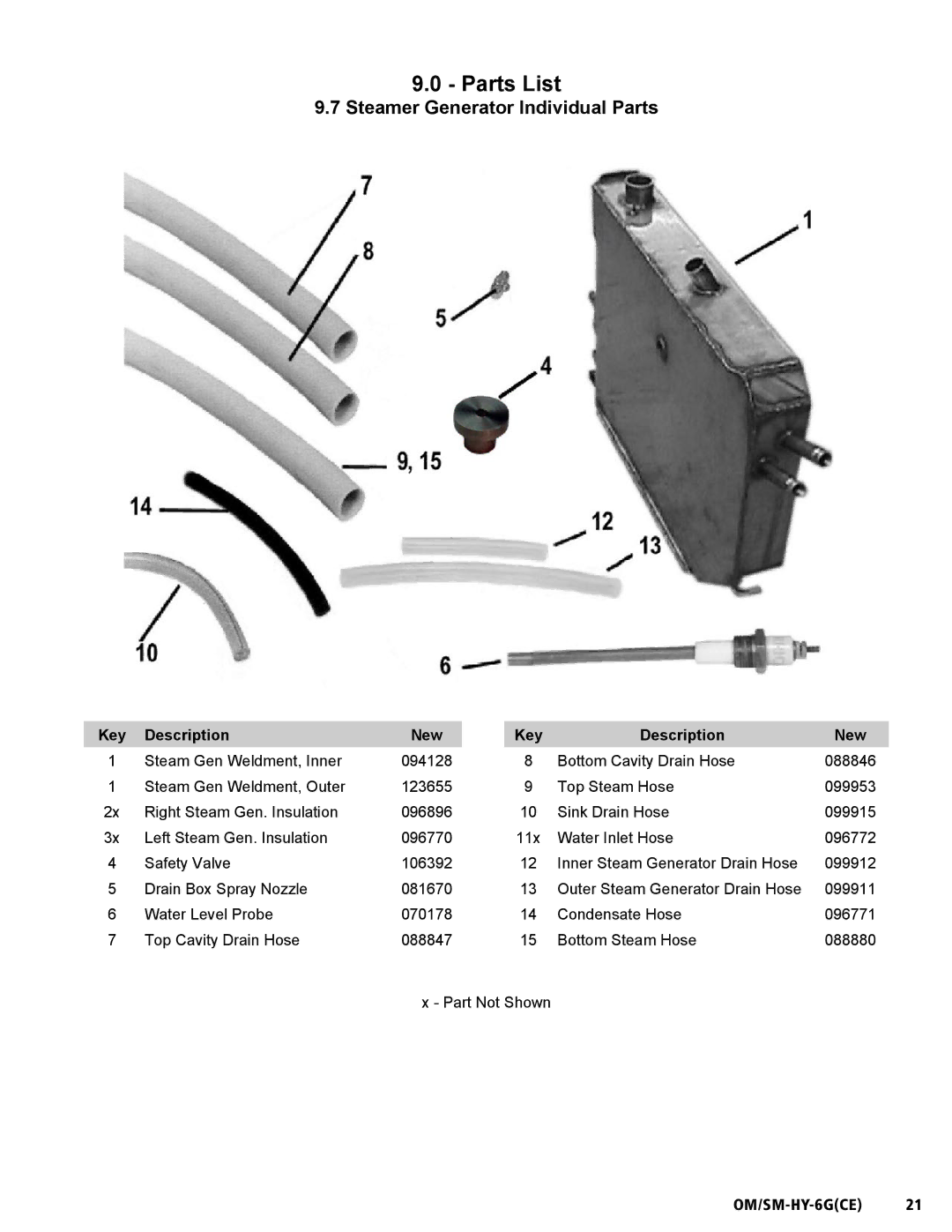 Unified Brands HY-6G(CE) service manual Steamer Generator Individual Parts, Key Description New 