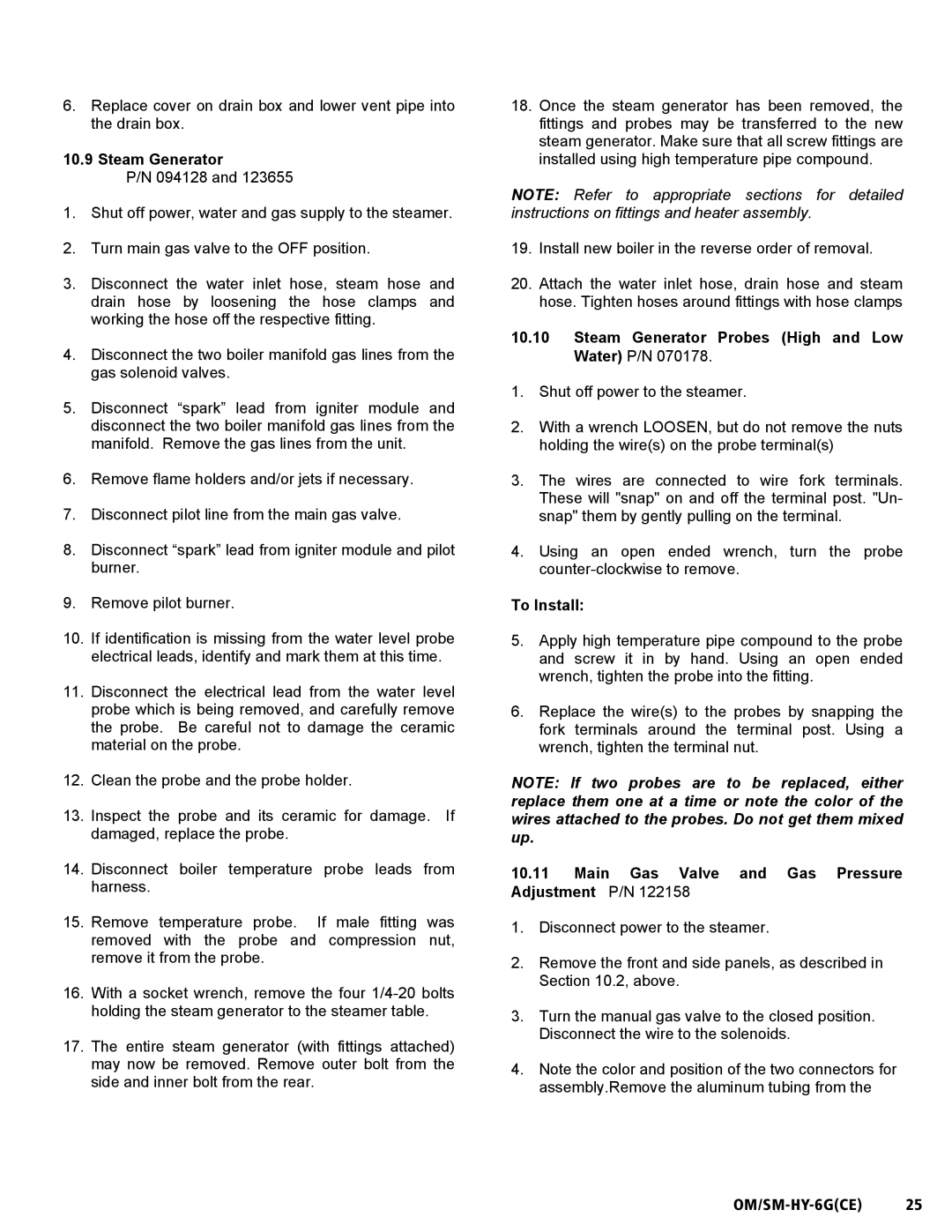 Unified Brands HY-6G(CE) service manual Steam Generator Probes High and Low Water P/N, To Install 
