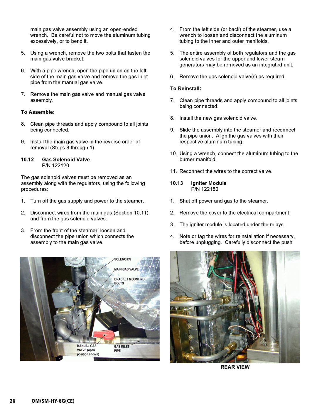 Unified Brands HY-6G(CE) To Assemble, Gas Solenoid Valve P/N, To Reinstall, Igniter Module P/N, 26 OM/SM-HY-6GCE 