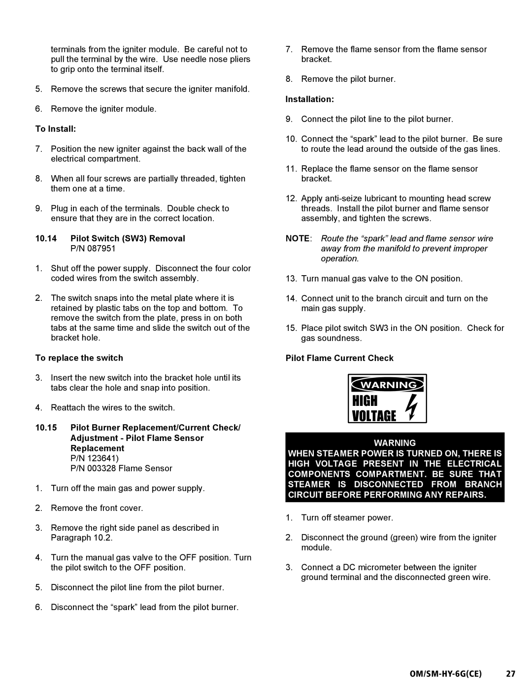 Unified Brands HY-6G(CE) Pilot Switch SW3 Removal P/N, To replace the switch, Installation, Pilot Flame Current Check 