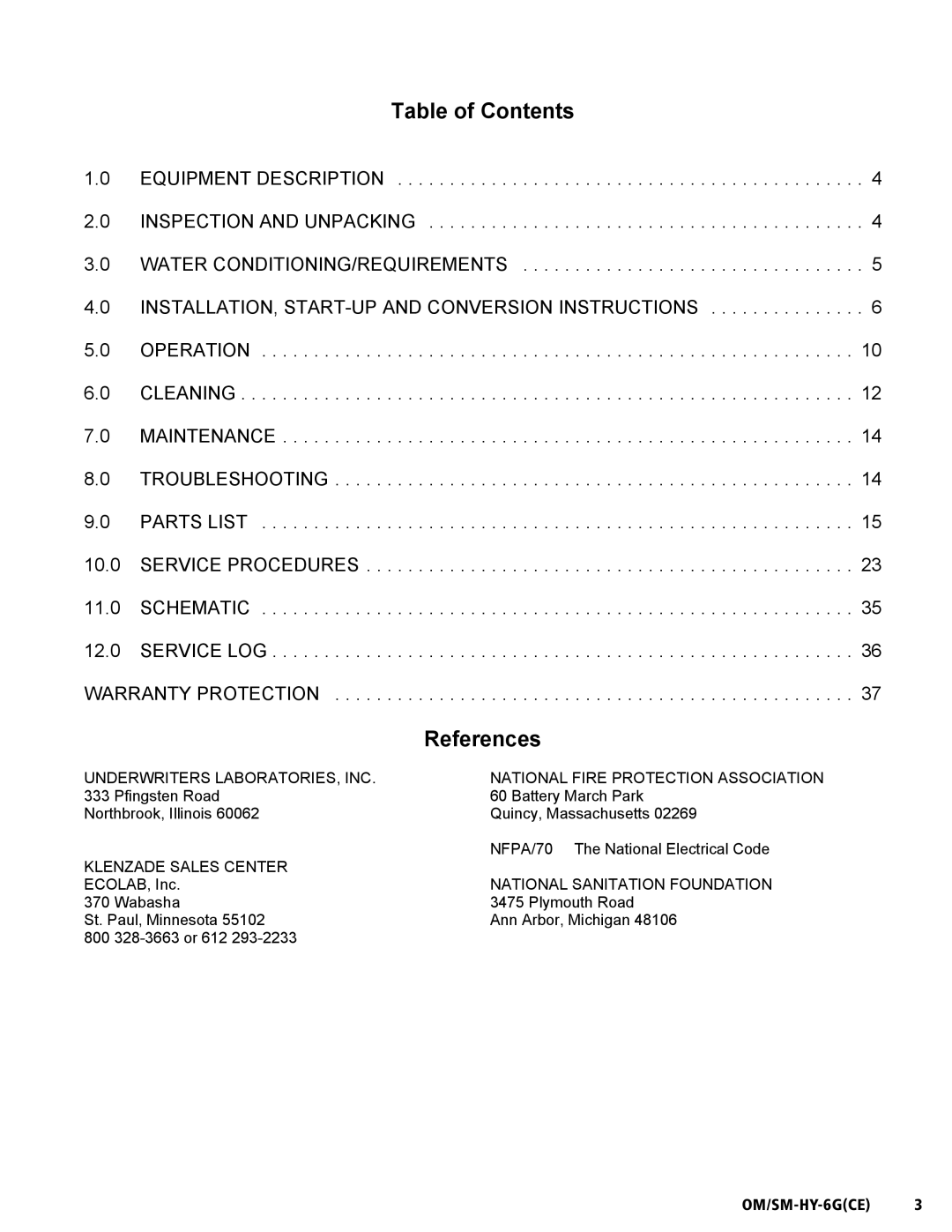 Unified Brands HY-6G(CE) service manual Table of Contents, References 