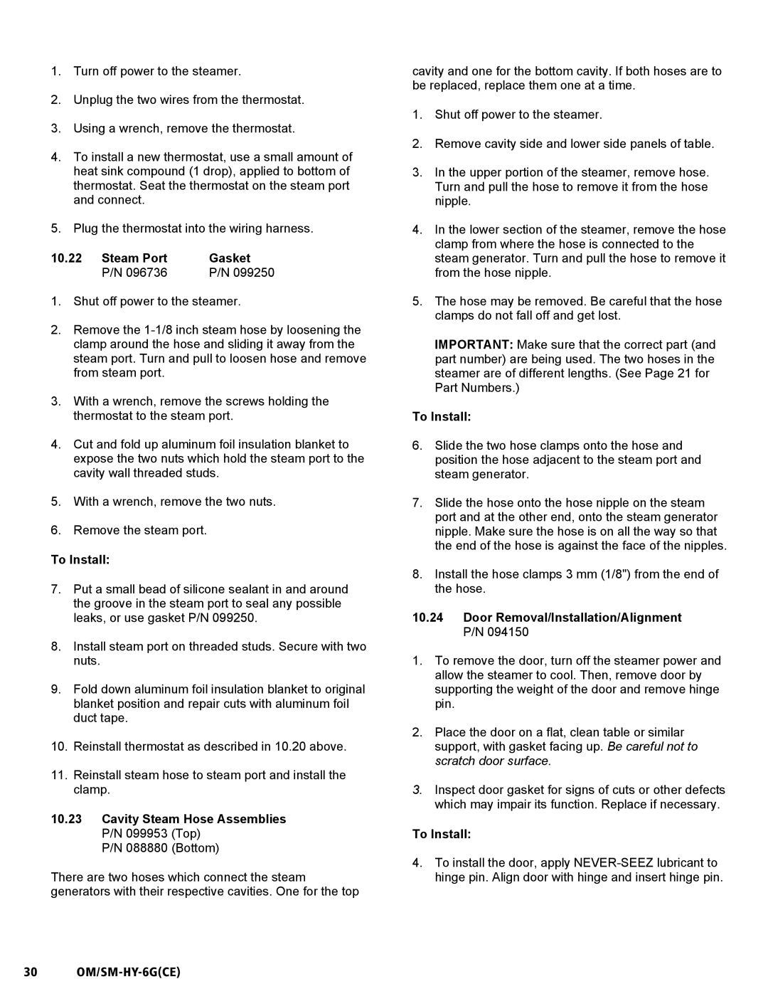 Unified Brands HY-6G(CE) service manual Steam Port Gasket, Cavity Steam Hose Assemblies P/N 099953 Top, 30 OM/SM-HY-6GCE 