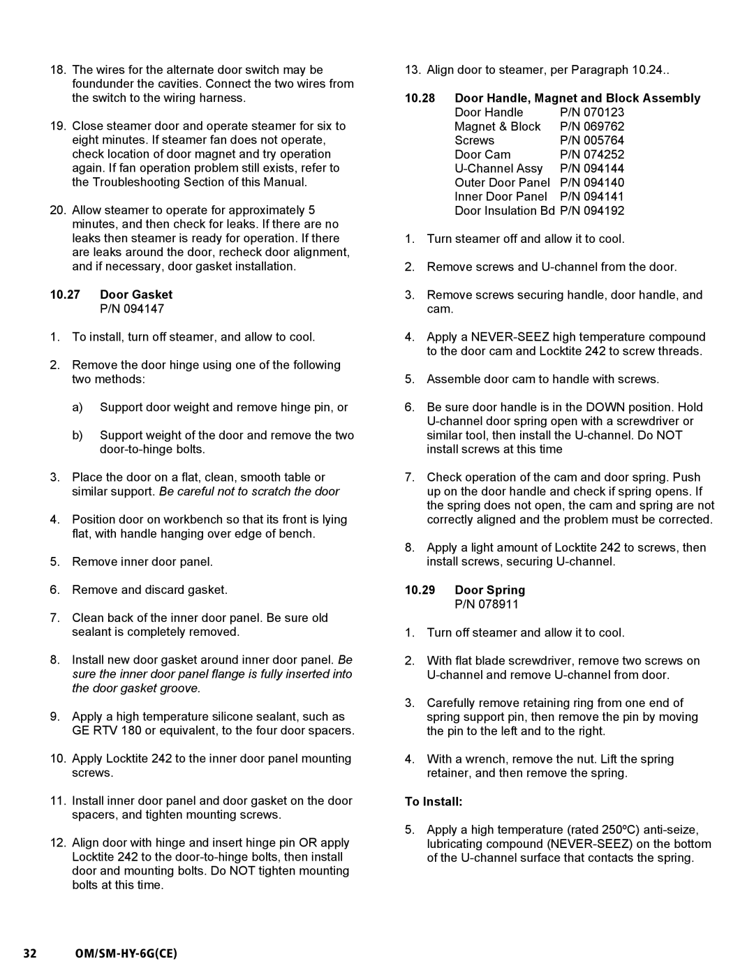 Unified Brands HY-6G(CE) Door Gasket P/N, Door Handle, Magnet and Block Assembly, Door Spring P/N, 32 OM/SM-HY-6GCE 